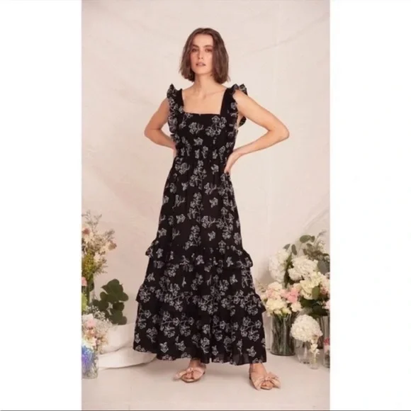Anthropologie Especia Navy White Floral Embroidered Ruffle Maxi Dress Medium NWT - Picture 9 of 12